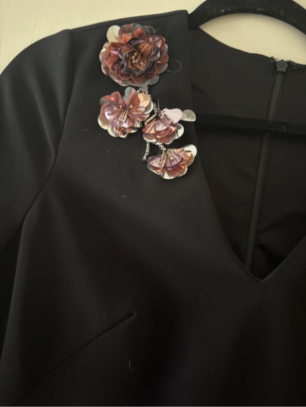 Theia Black V-Neck Long Sleeve Dress with Pink Floral Skirt - Picture 7 of 14